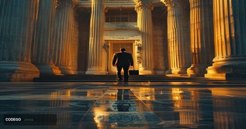 A cinematic editorial photograph shot from a low angle looking up at the imposing neoclassical facade of a prominent Birmingh