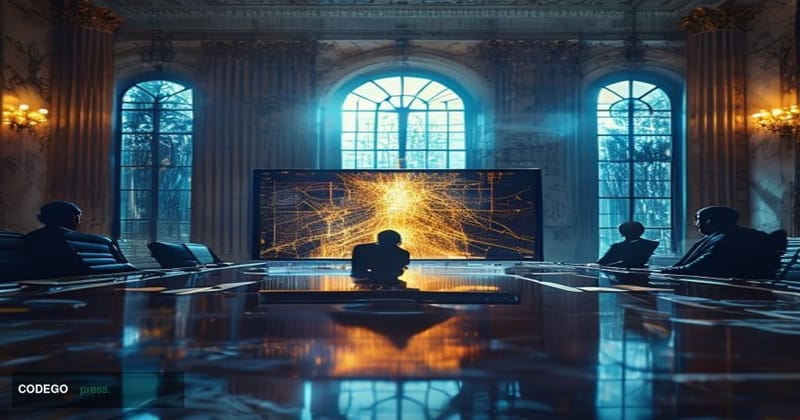 A cinematic editorial photograph set inside a grand, neoclassical central bank boardroom — think marble columns, dark mahogan