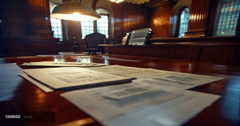 A formal federal regulatory office interior in Washington D.C., shot from a low angle looking up toward a mahogany conference