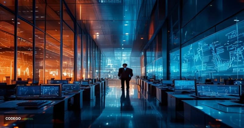 # Image Prompt:

A dramatic split-composition photograph showing a high-tech banking trading floor bathed in cool blue and si