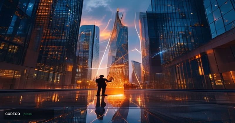 A cinematic editorial photograph set at the Dubai International Financial Centre district, showcasing the iconic Gate Buildin