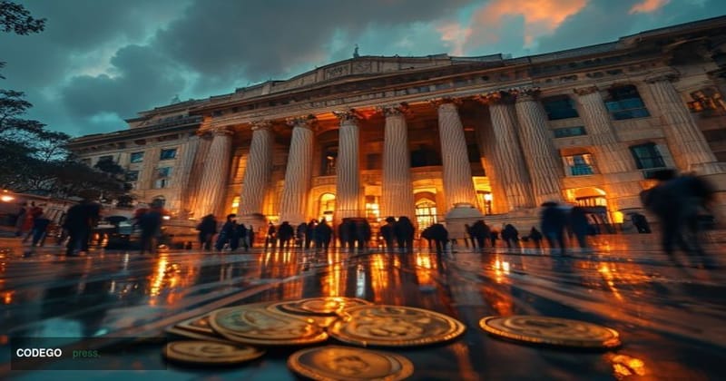A cinematic editorial photograph set in Mumbai's financial district, with the iconic Reserve Bank of India headquarters build