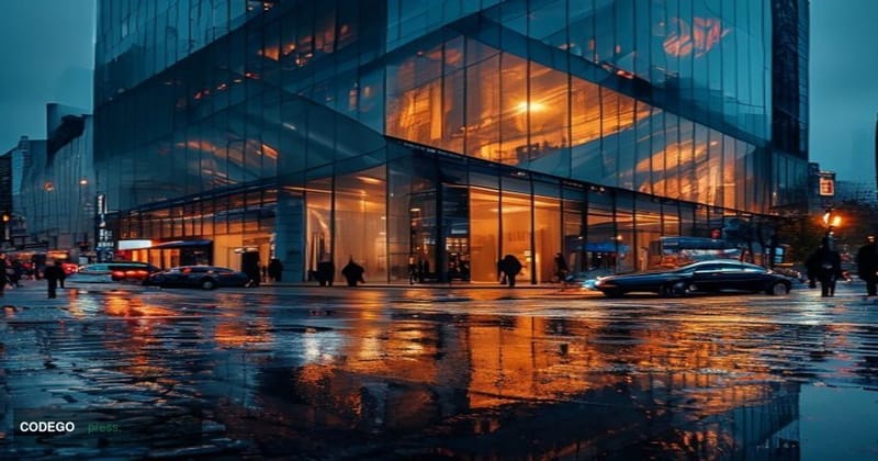 A dramatic cinematic editorial photograph of Revolut's London headquarters exterior at dusk, the sleek modern glass façade ca