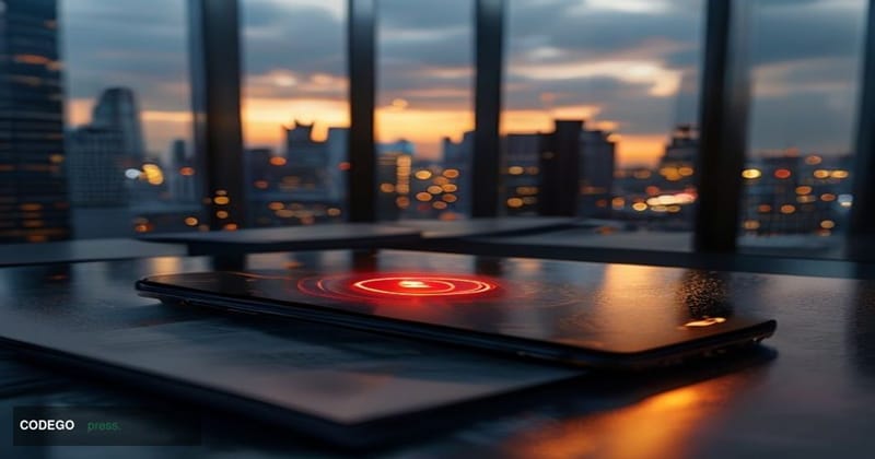 A photorealistic editorial photograph set inside a sleek, modern neobank environment evoking Revolut's distinctive dark-theme
