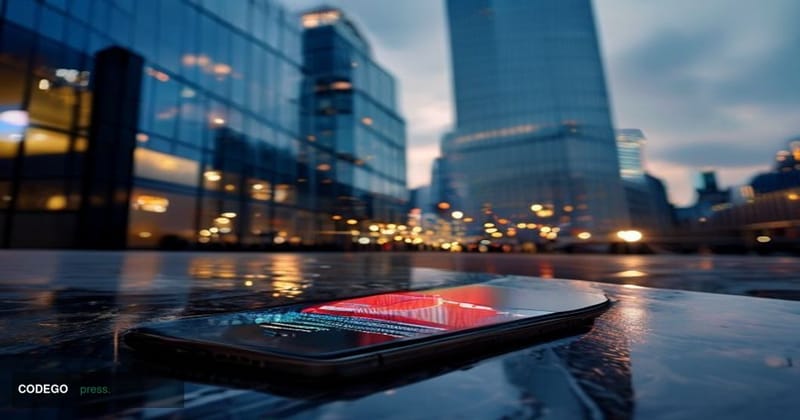 A cinematic editorial photograph set at dusk outside Revolut's modern London headquarters, with the company's branding subtly