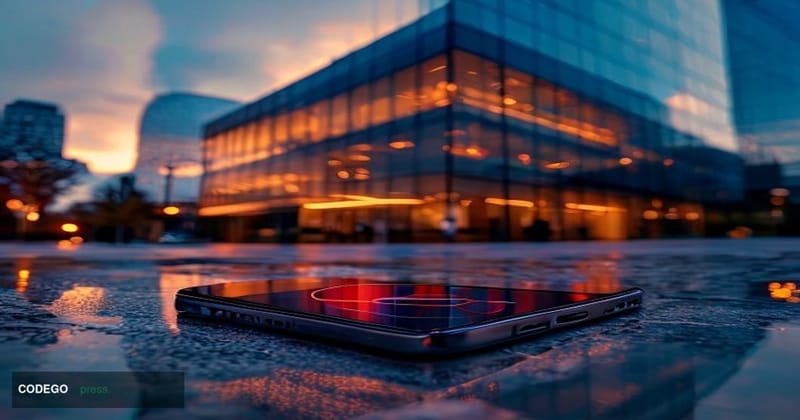 A cinematic editorial photograph set at dusk outside Revolut's London headquarters, the building's glass facade reflecting a 