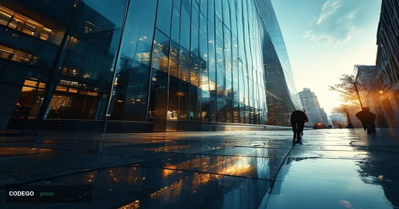 A cinematic editorial photograph set in a sleek, modern European financial district — the glass-and-steel facade of a contemp