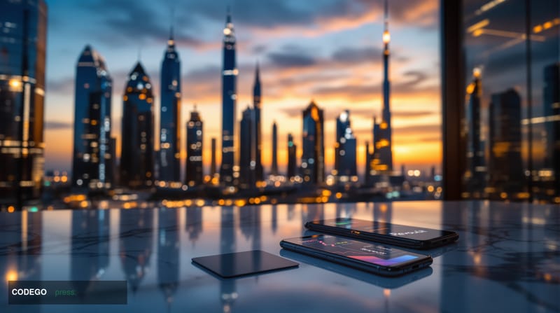 A photorealistic editorial photograph capturing the Dubai skyline at dusk, with the gleaming glass towers of the Dubai Intern