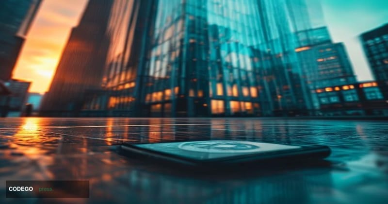 A cinematic editorial photograph set in a sleek, modern European financial district, evoking both London and continental Euro