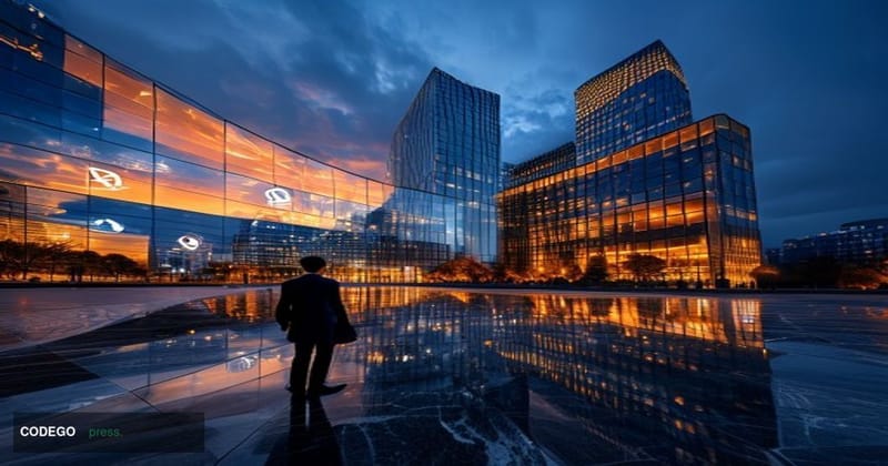 A cinematic editorial photograph taken at ground level looking up at Luxembourg's financial district skyline at dusk, featuri