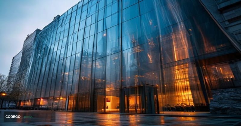 A photorealistic editorial photograph shot at ground level looking up at the sleek glass-and-steel facade of a modern Luxembo