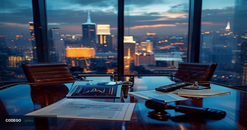 A dramatic cinematic editorial photograph set in a glass-walled corporate boardroom overlooking San Francisco's financial dis