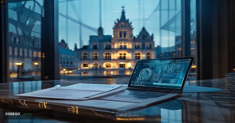 A photorealistic editorial photograph set in Brussels, Belgium, with the recognizable European Union Berlaymont headquarters 