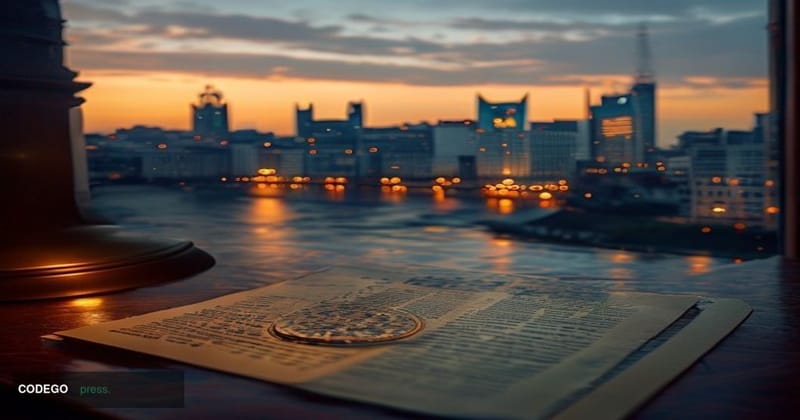 A photorealistic editorial photograph of the grand financial district of Luxembourg City at dusk, featuring the iconic Kirchb