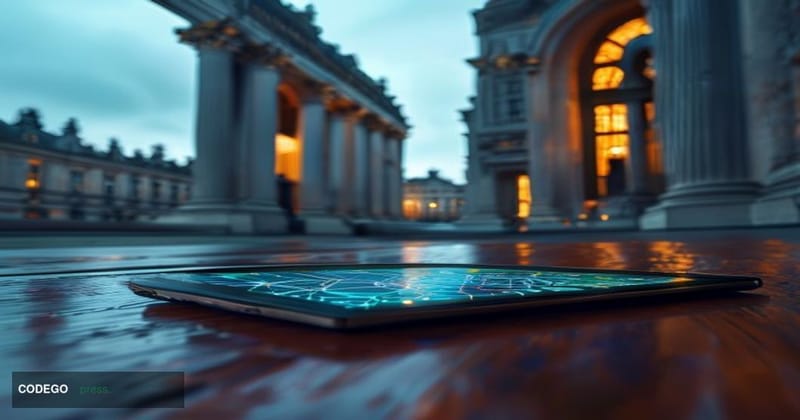 A photorealistic editorial photograph set at the iconic neoclassical facade of HM Treasury's building on Horse Guards Road in