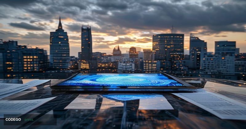A photorealistic cinematic editorial photograph set in Luxembourg City's financial district, with the iconic Kirchberg platea