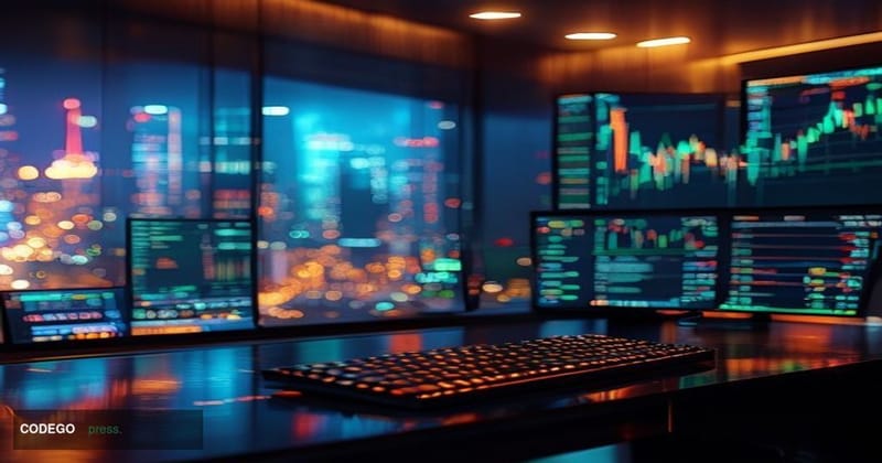 A cinematic editorial photograph set inside a sleek, modern brokerage trading environment clearly associated with Robinhood —