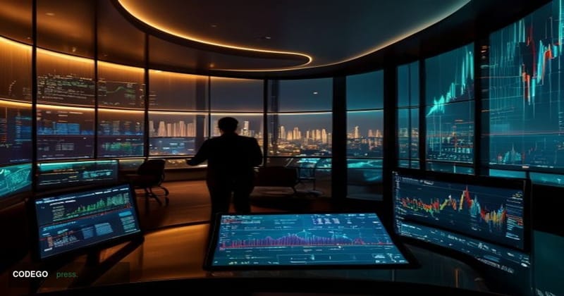 A cinematic editorial photograph set inside a sleek, modern brokerage trading environment evoking Robinhood's Menlo Park, Cal