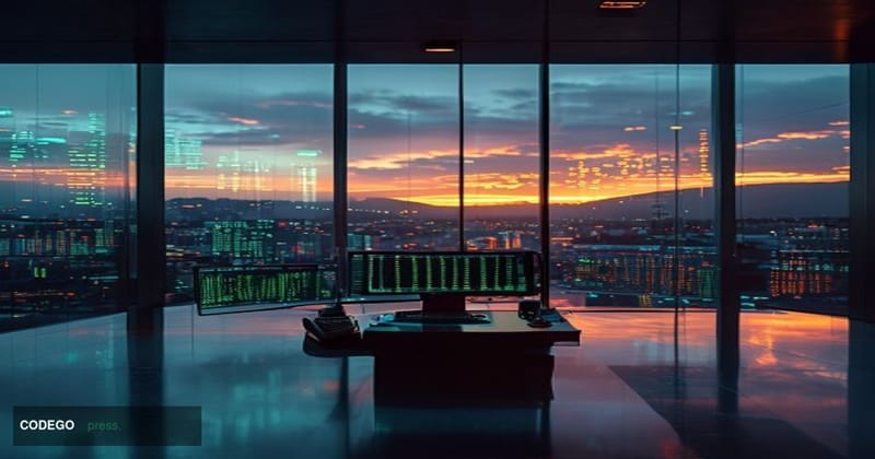 A cinematic editorial photograph of a modern financial trading floor environment seamlessly blending with glowing Ethereum bl