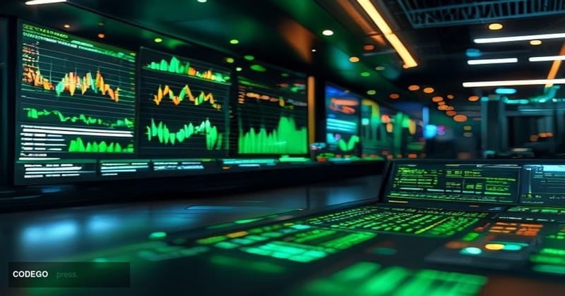 A photorealistic editorial photograph shot inside a sleek, modern brokerage trading floor environment evoking Robinhood's bra