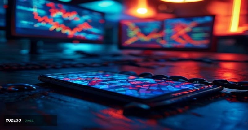 A dramatic cinematic editorial photograph set in a dimly lit trading room environment, focused on a cracked smartphone screen