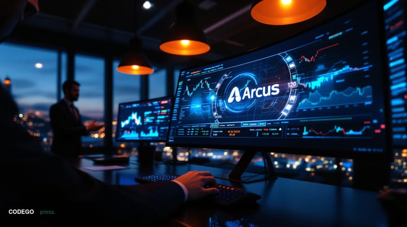 A cinematic editorial photograph set inside a sleek, modern trading floor environment bathed in dramatic chiaroscuro lighting