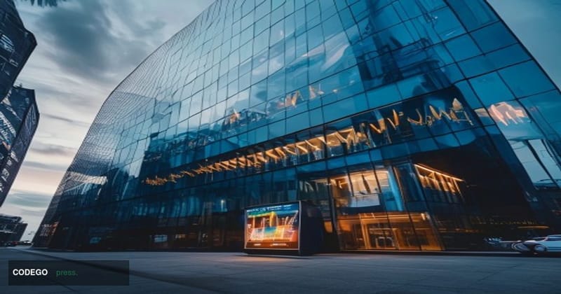 A cinematic editorial photograph taken at low angle looking up at a modern glass-and-steel brokerage office building with the