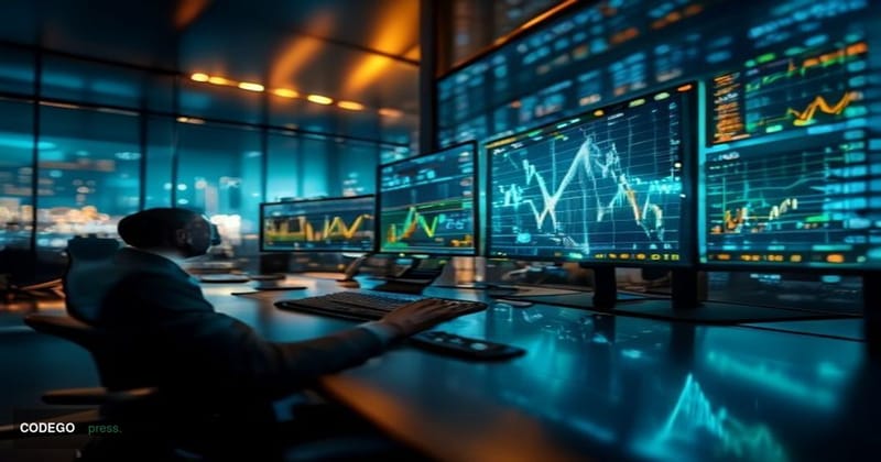 A cinematic editorial photograph set inside a sleek, dark-toned trading operations room with the Robinhood logo subtly displa