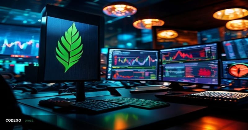 A cinematic editorial photograph set in a modern financial trading environment, with a large split-screen display showing Rob