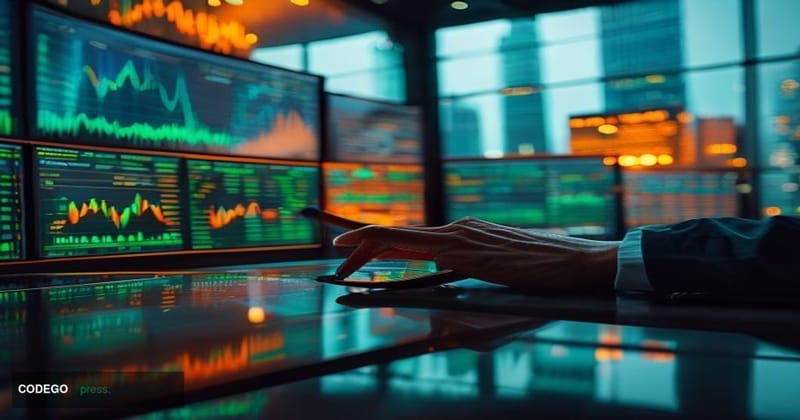 A cinematic editorial photograph set at the intersection of traditional brokerage and digital asset trading, featuring a slee