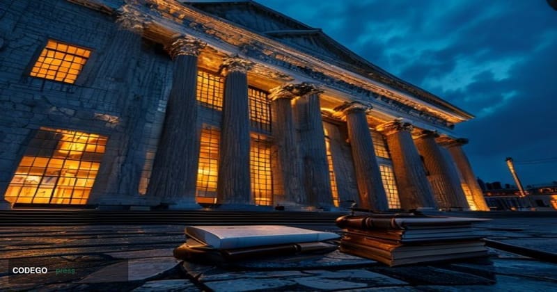 A dramatic cinematic editorial photograph of the Rotterdam courthouse exterior at dusk, its neoclassical stone facade illumin