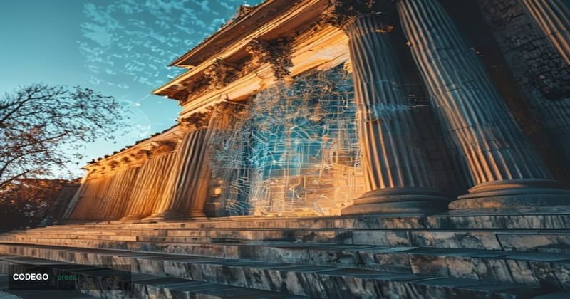 A wide-angle cinematic editorial photograph shot from street level looking up at the imposing neoclassical facade of the Russ