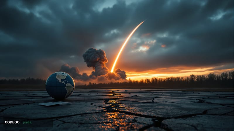 A cinematic editorial photograph taken at dusk over Eastern European terrain, with the silhouette of a military launch trail 