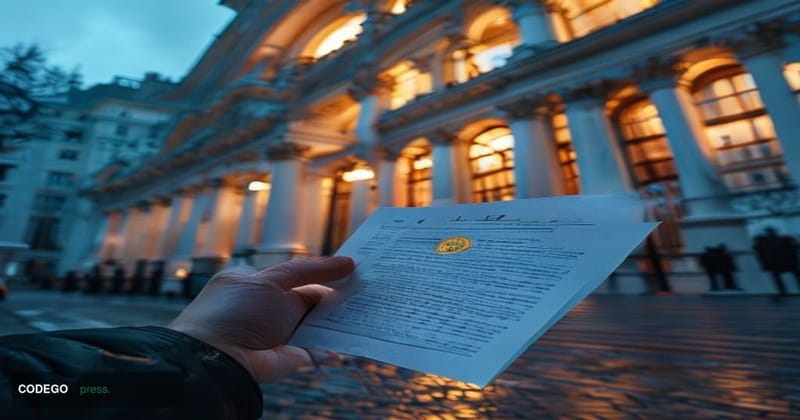 A dramatic cinematic editorial photograph of the Russian State Duma building in Moscow, its iconic neoclassical white facade 