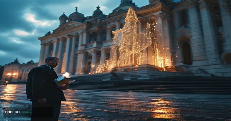 A photorealistic cinematic editorial photograph set outside the Russian State Duma building in Moscow — the iconic neoclassic