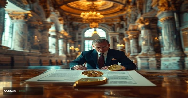 A cinematic editorial photograph set inside a grand Moscow government building, with ornate classical Russian architecture vi