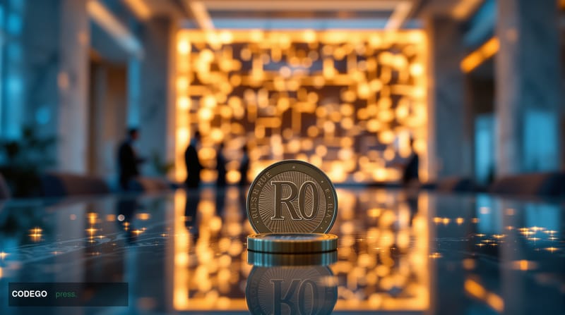 A cinematic editorial photograph set inside a modern Russian central bank branch interior, featuring sleek marble columns and