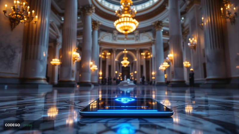 A photorealistic cinematic editorial photograph set inside a grand, marble-clad Russian central bank interior — columns and o