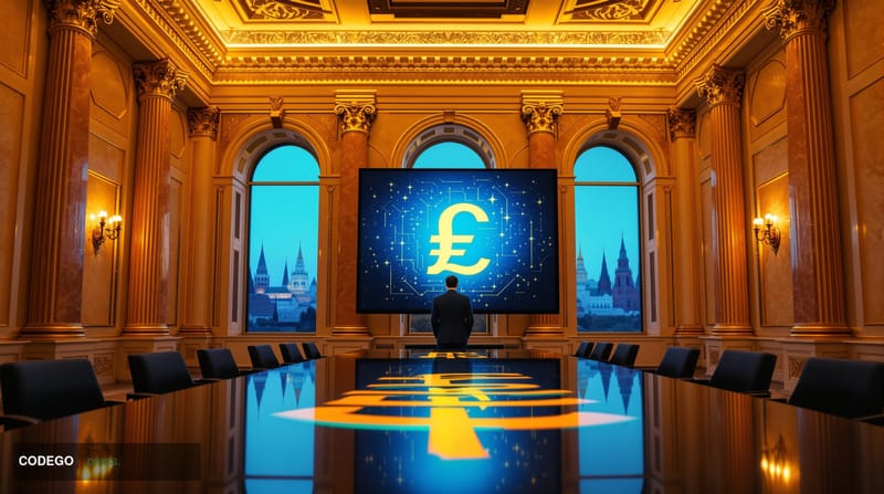 A cinematic editorial photograph set inside a grand, Soviet-era neoclassical banking hall in Moscow, with marble columns and 