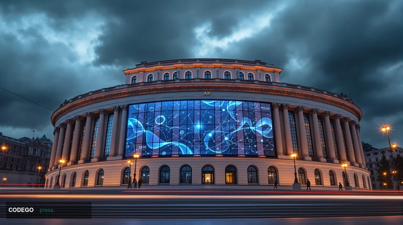 A cinematic editorial photograph set in Moscow's financial district, with the distinctive neoclassical facade of the Bank of 