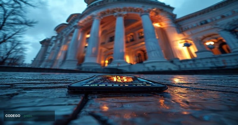 A cinematic editorial photograph taken from a low angle looking up at the imposing neoclassical façade of the State Duma buil