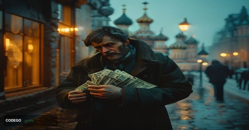 A dramatic cinematic editorial photograph set in a Moscow winter street scene, with the iconic onion domes of Saint Basil's C