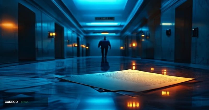A dramatic cinematic editorial photograph set in a shadowy, high-security governmental corridor evocative of Moscow's Lubyank