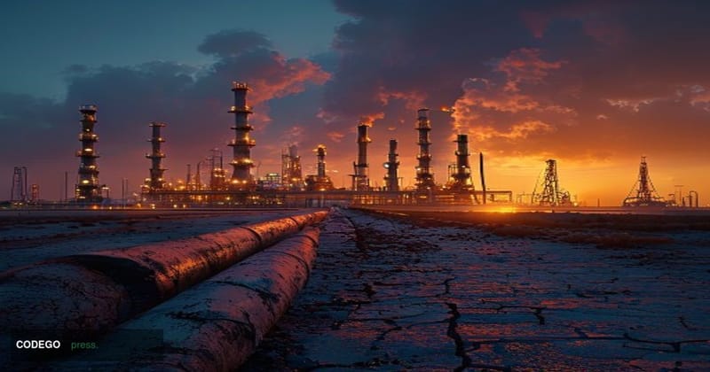A dramatic cinematic editorial photograph shot at golden hour over a Middle Eastern oil refinery complex, with towering flare