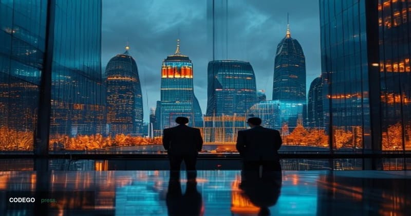 A cinematic editorial photograph set in Moscow's financial district, with the iconic glass facades of the Moscow Internationa