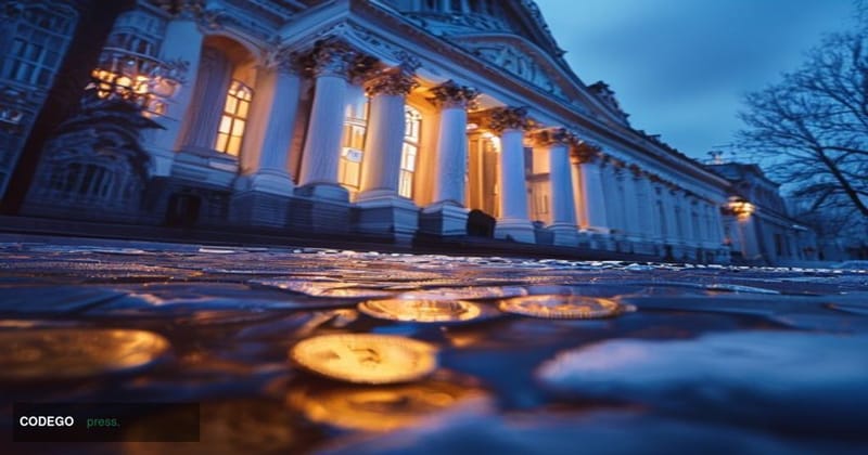 A dramatic photorealistic editorial photograph of the Russian State Duma building in Moscow — the distinctive white neoclassi
