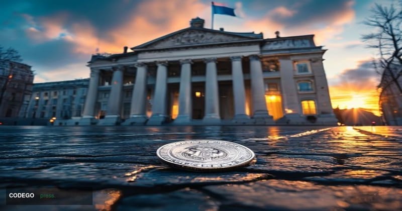 A cinematic editorial photograph of the Russian State Duma building in Moscow — the grand neoclassical facade on Okhotny Ryad