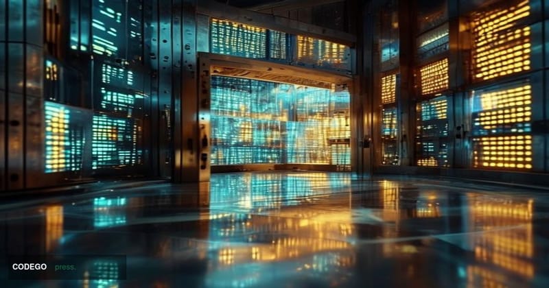 A dramatic cinematic close-up of a physical gold vault door partially open, revealing stacks of glowing digital ledger screen