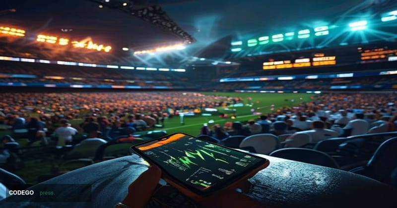 A cinematic editorial photograph capturing the electric atmosphere of a packed football stadium at night, with massive LED sc