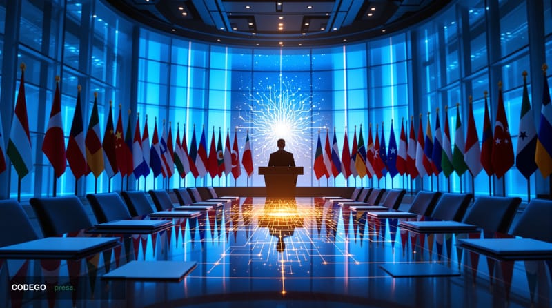 A cinematic editorial photograph centered on a grand international summit chamber reminiscent of United Nations or G7 confere